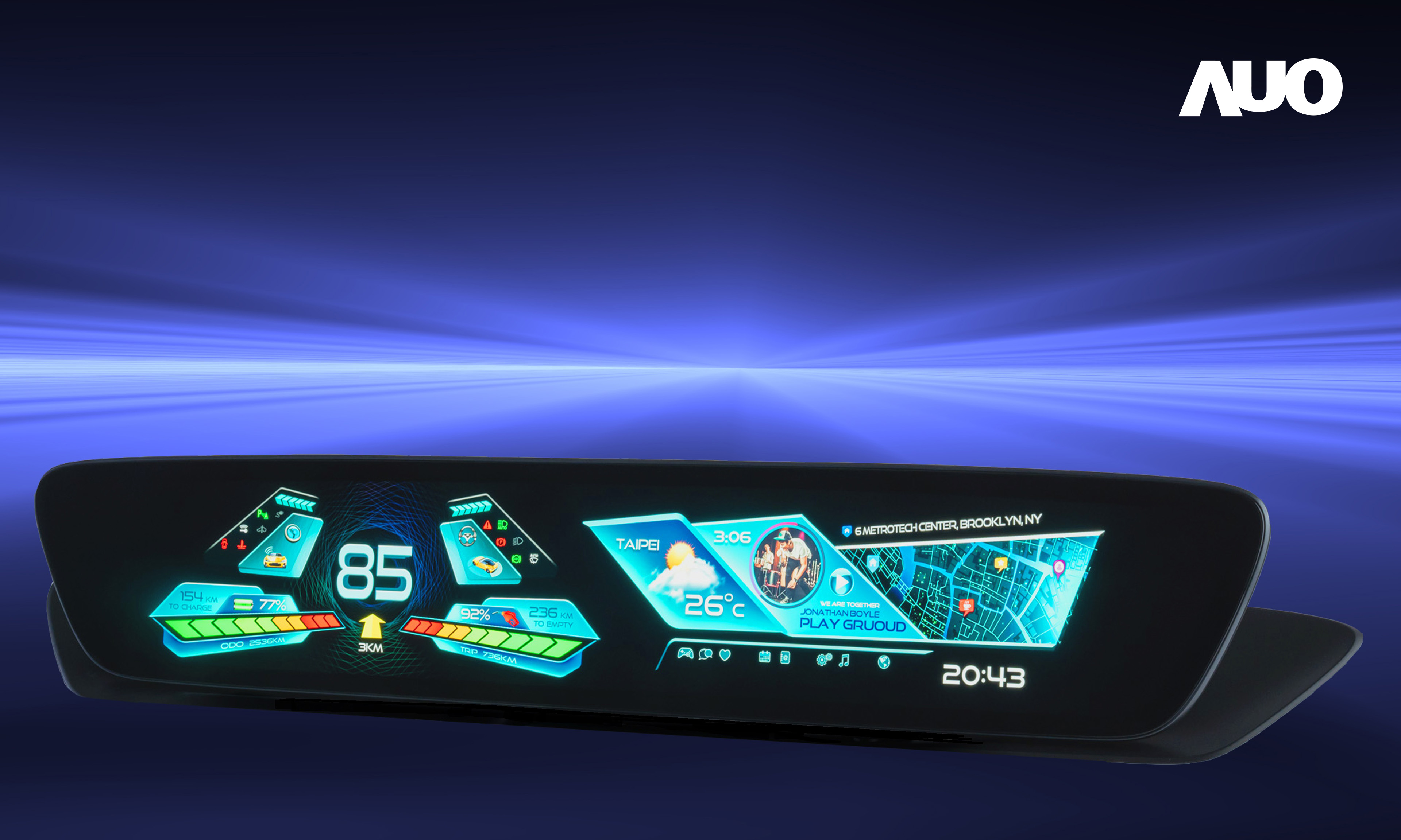 ⽜⼋体育30.4吋異形曲面AmLED車載顯示系統，為一兼具儀表板及中控台人機介面的創新車載顯示系統，結合美學設計，提升車內科技沉浸感及使用體驗，讓車載顯示的未來應用更加多元化